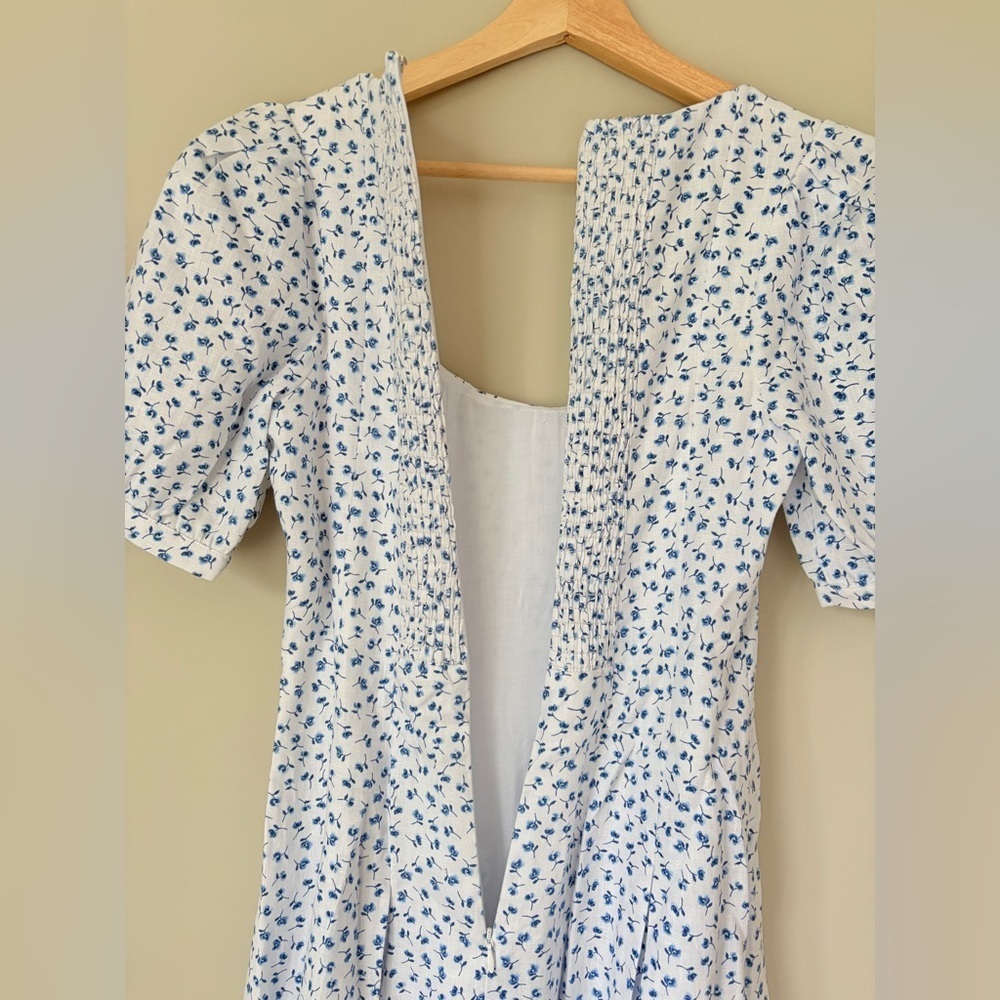 NEW Reformation Coucou Midi Linen Dress Hanna White Blue Floral | US 4 UK 8 - Picture 15 of 16